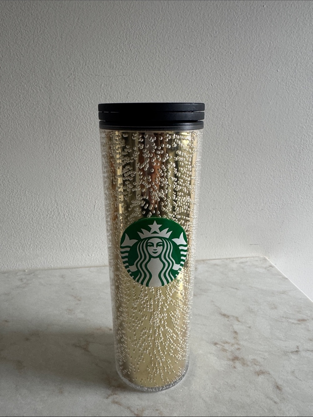 Starbucks Gold Bubble Tumbler with Green Logo and Black Lid